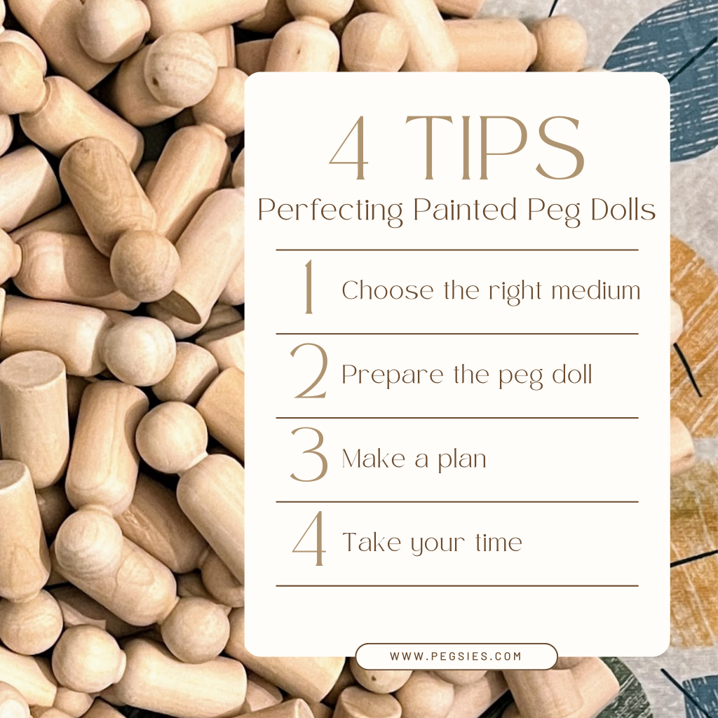 Blank peg dolls with title: 4 tips for perfecting painted peg dolls.