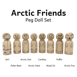 Arctic Girl and Animals (Friends) represented as wooden peg dolls. Characters include, Polar Bear, Arctic Owl, Arctic Hare, Caribou, Musk Ox, Puffin, and Arctic Fox. Peg dolls are laser etched for easy painting.