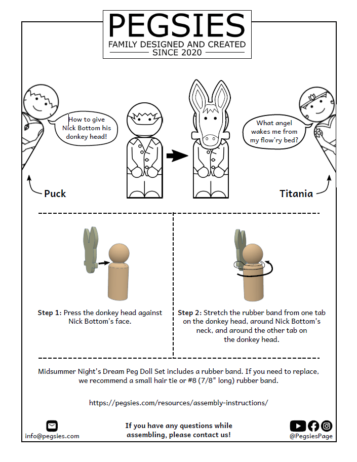 Assembly instructions for Midsummer Night's Dream Peg Doll set that showcases Puck describing how to attach Nick Bottom's donkey head.