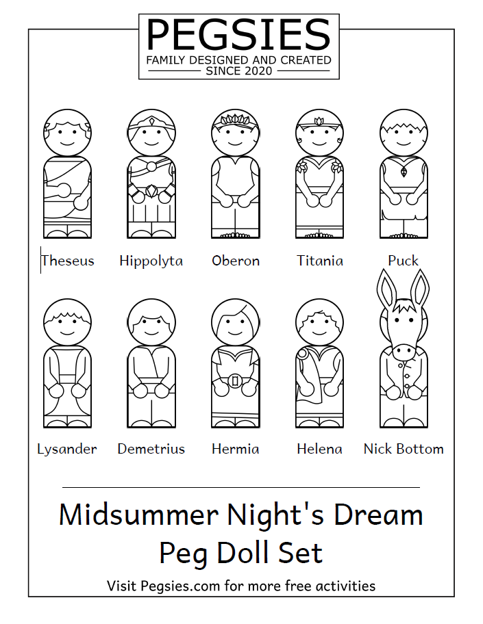 Coloring page for Midsummer Night's Dream Peg Doll Set including Theseus, Hippolyta, Oberon, Titania, Puck, Lysander, Demetrius, Hermia, Helena, and Nick Bottom with a donkey head.