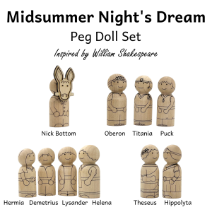 Midsummer Nights Dream characters represented as wooden peg dolls. Characters, inspired by William Shakespeare, include Nick Bottom with a donkey head, Oberon, Titania, Puck, Hermia, Demetrius, Lysander, Helena, Theseus, and Hippolyta.