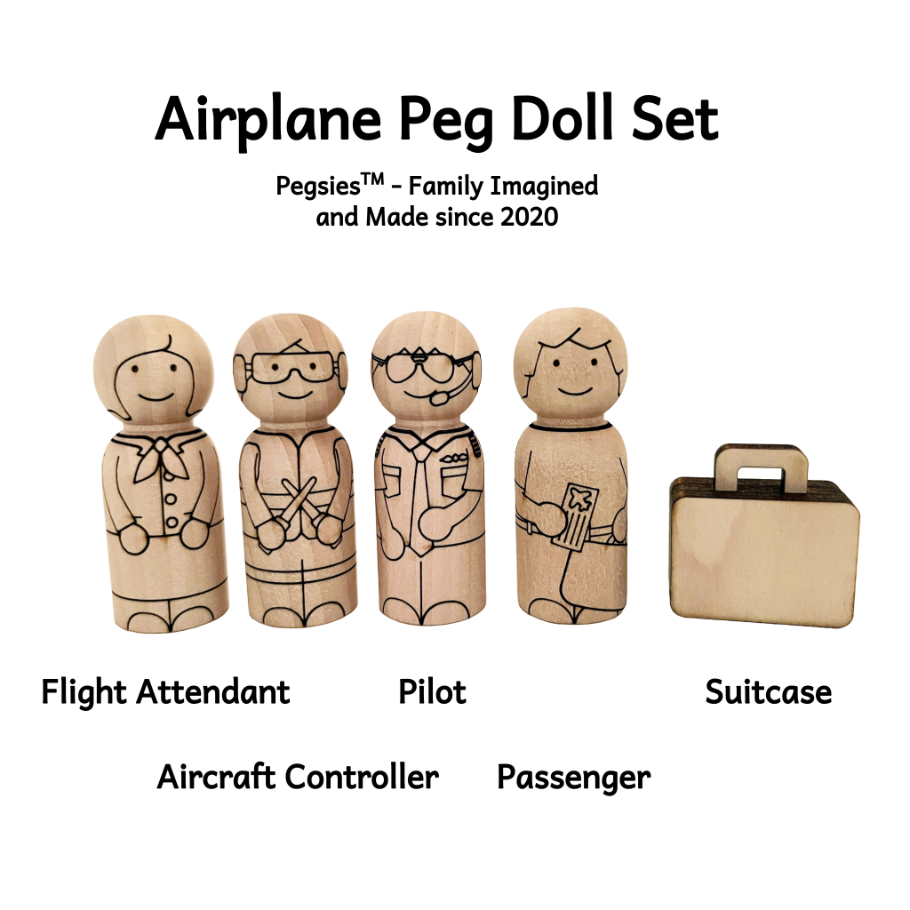 Pegsies Airplane Peg Doll set with wooden airplane, suitcase, pilot, flight attendant, aircraft controller, and passenger