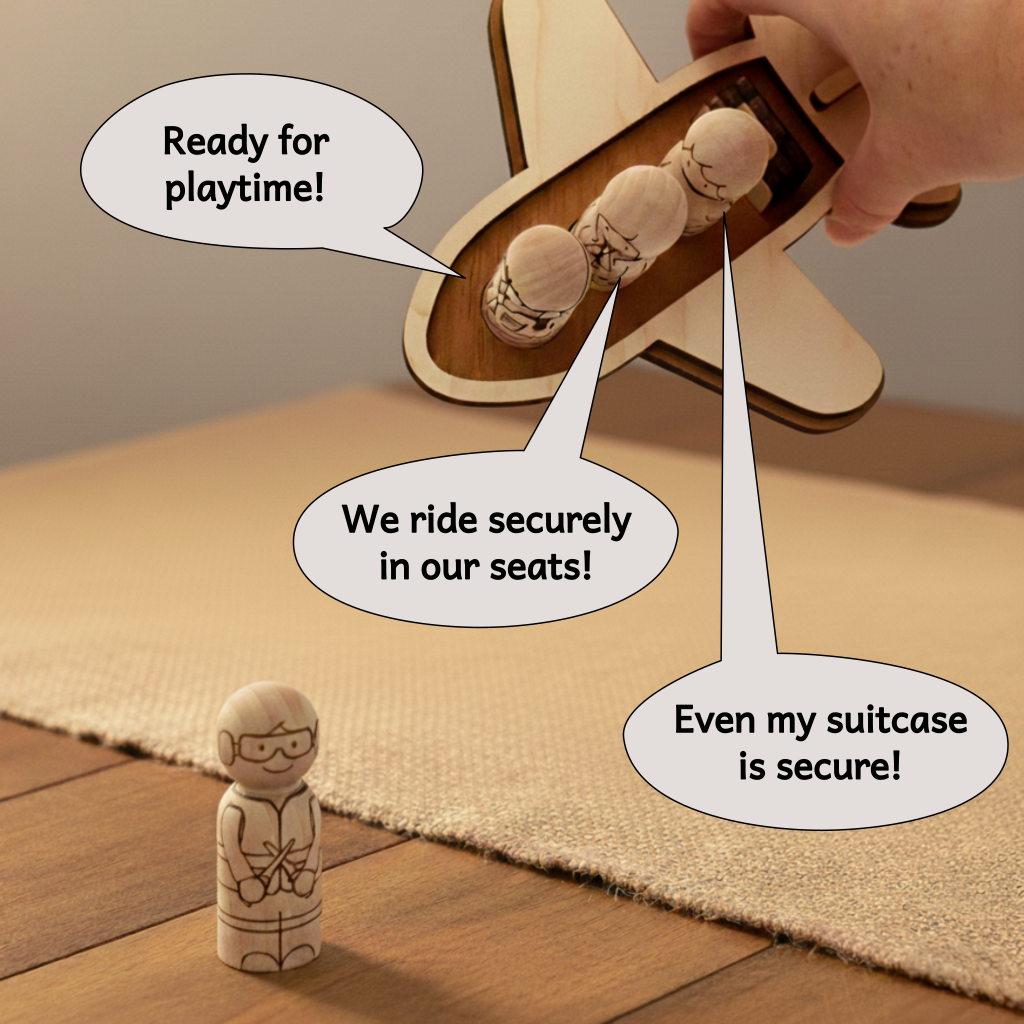 Playing with Pegsies Airplane Peg Doll set with wooden airplane, suitcase, pilot, flight attendant, aircraft controller, and passenger