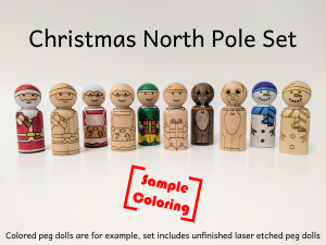 Sample coloring with color pencil of five peg dolls made from birch wood laser etched with north pole christmas characters including Santa, Mrs. Claus, Elf, Reindeer, and Snowman.