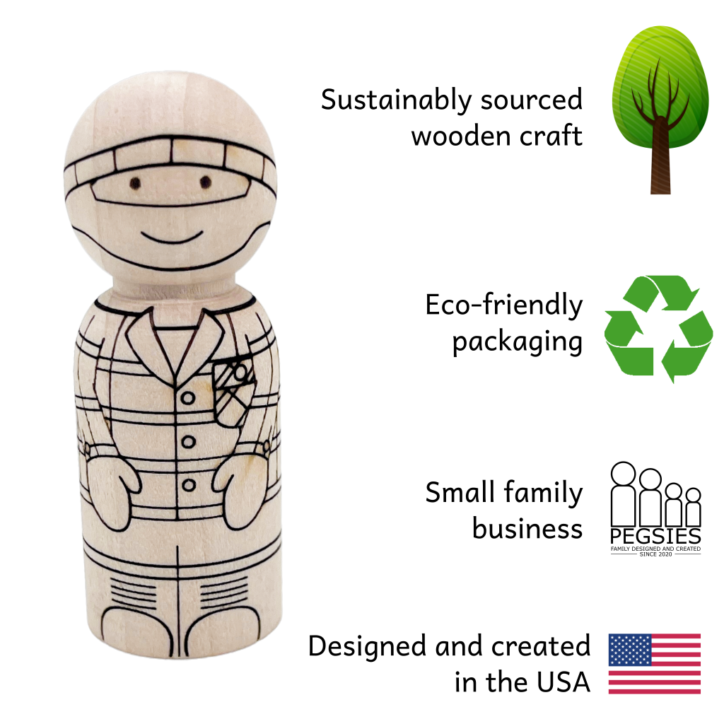 Peg doll character with laser engraved design to wear wool cap, beard, flannel shirt, and boots.