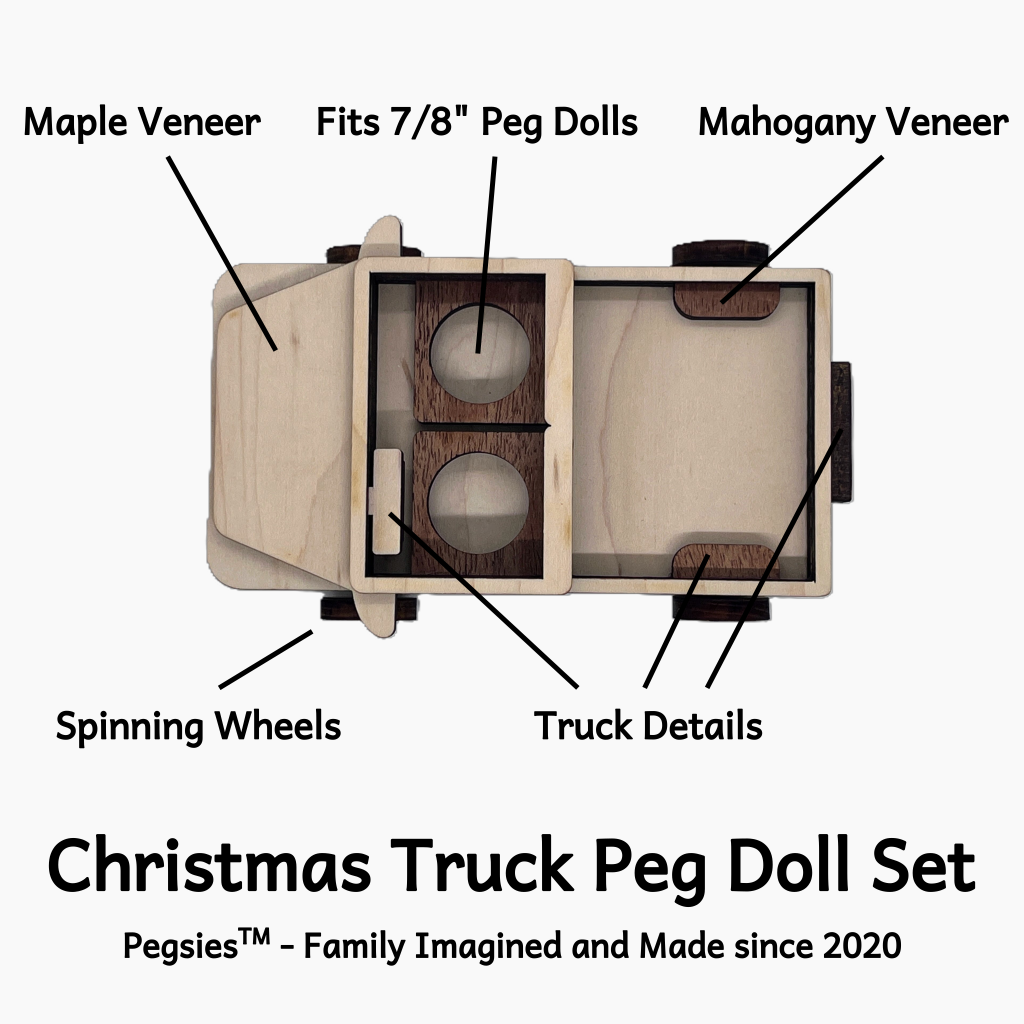 Feature description of wooden peg doll pickup truck to highlight maple and mahogany veneer, spinning wheels, and truck details