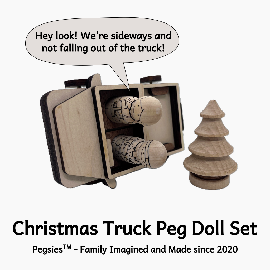 Peg doll pickup truck turned sideways showing that peg dolls stay secure in driver and passenger seat.