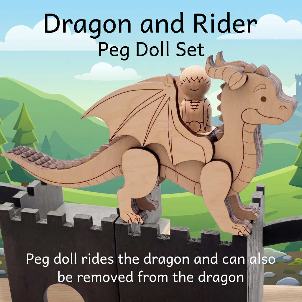 Dragon and rider peg doll set on a wooden castle with a fantasy background