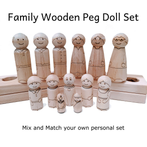 Wooden peg dolls laser engraved to look like various members of a family: Grandpa, Grandma, Dad, Mom, Boy, Girl, Dog, and Baby.