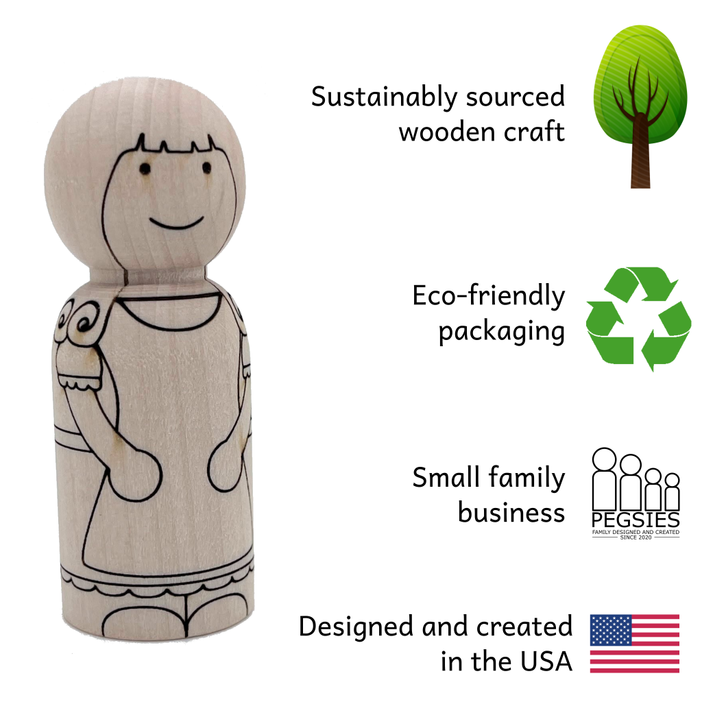 Laser engraved wooden peg doll in the image of Goldilocks from Goldilocks and the Three Bears