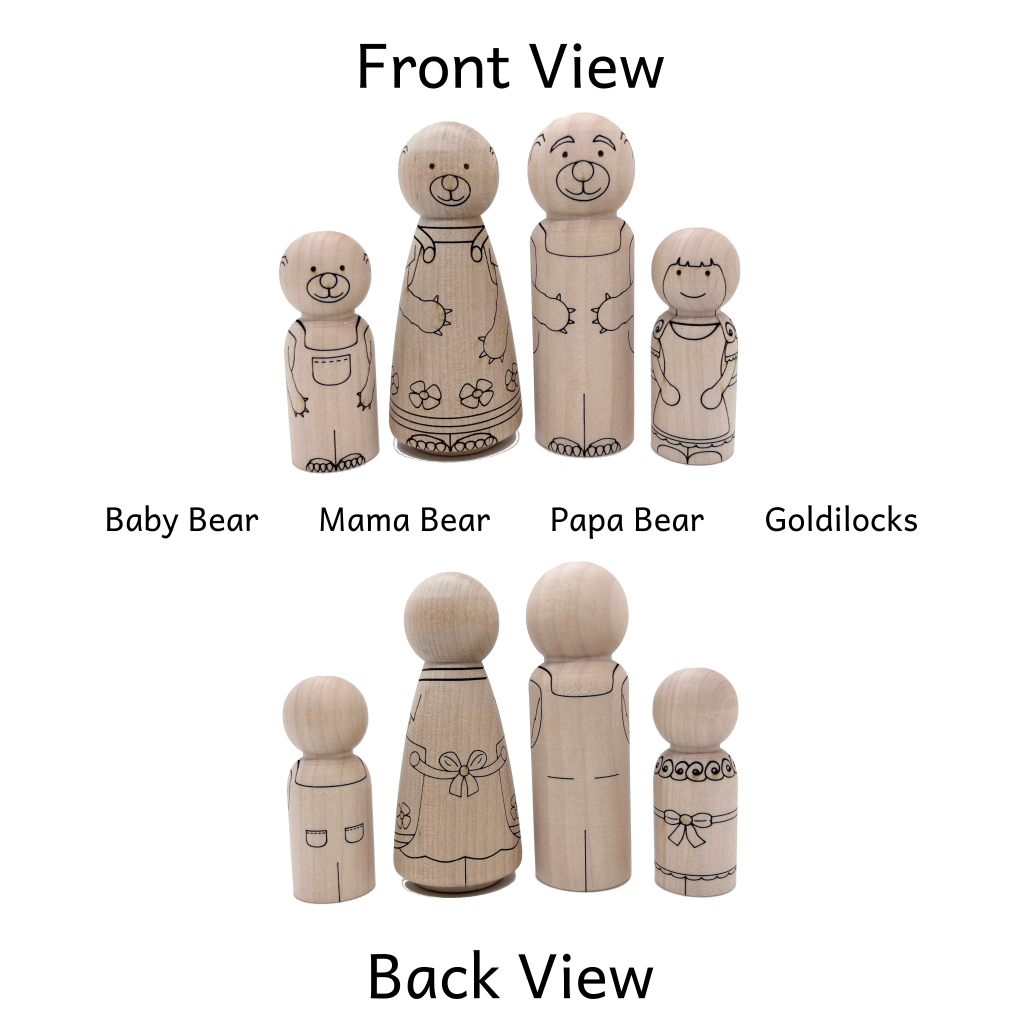 Front and back view of wooden laser engraved peg dolls in the image of Goldilocks, Baby Bear, Papa Bear, and Mama Bear from Goldilocks and the Three Bears