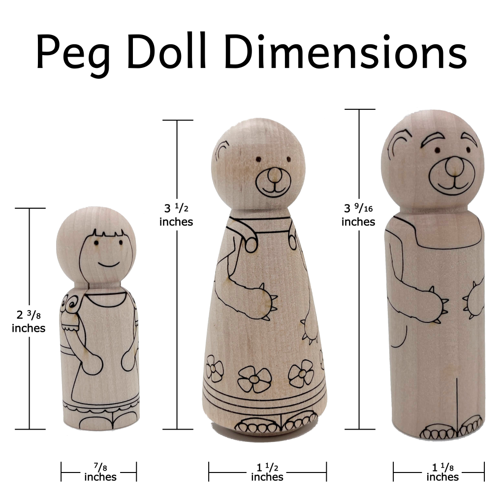 Dimensions of laser engraved wooden peg dolls from Goldilocks and the Three Bears