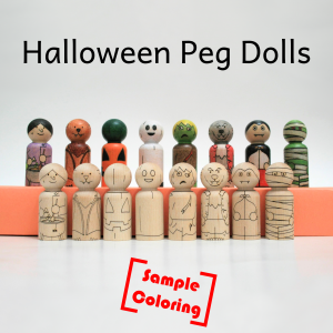 Halloween peg dolls laser etched and engraved to look like cute and fun Halloween creatures: witch, bat, pumpkin, ghost, zombie, werewolf, vampire, and mummy.