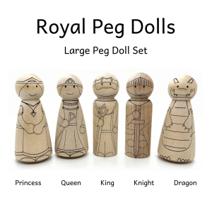 Wooden peg dolls laser engraved to resemble royal characters including a king, queen, princess, knight, and dragon.