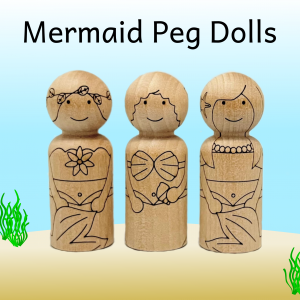 Digital water background of Mermaid peg dolls made of natural baltic birch with laser etched designs. Three designs include, floral, sea shells, and starfish.