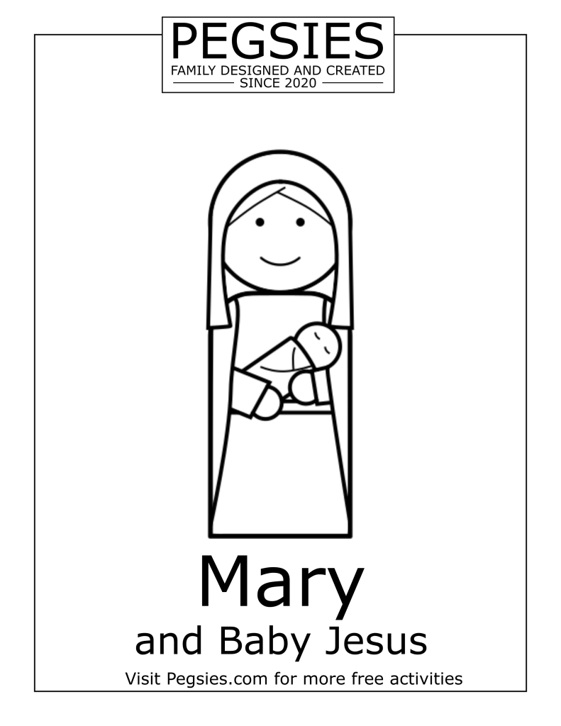 Coloring sheet for Pegsies Nativity Peg Doll Set's Mary and Baby Jesus