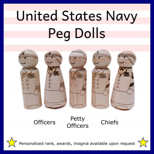 Peg dolls laser engraved to resemble United States Navy Officers, Petty Officers, and Chiefs.