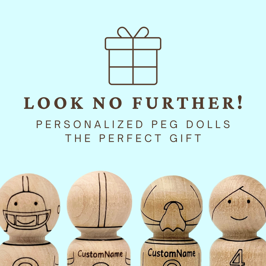 Look no further! Personalized peg dolls, the perfect gift. Shows front and back of laser engraved wooden peg doll football player and softball player.