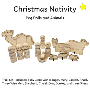 Full set of laser etched peg dolls resembling a Christmas Nativity scheme to include wise men, Mary, Joseph, Baby Jesus with manger, Angel, Shepherd, Camel, Donkey, Cow, and three sheep.