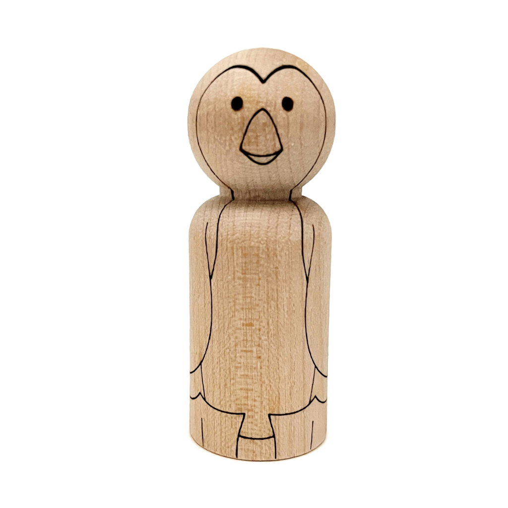 Wooden peg doll laser engraved to look like a penguin