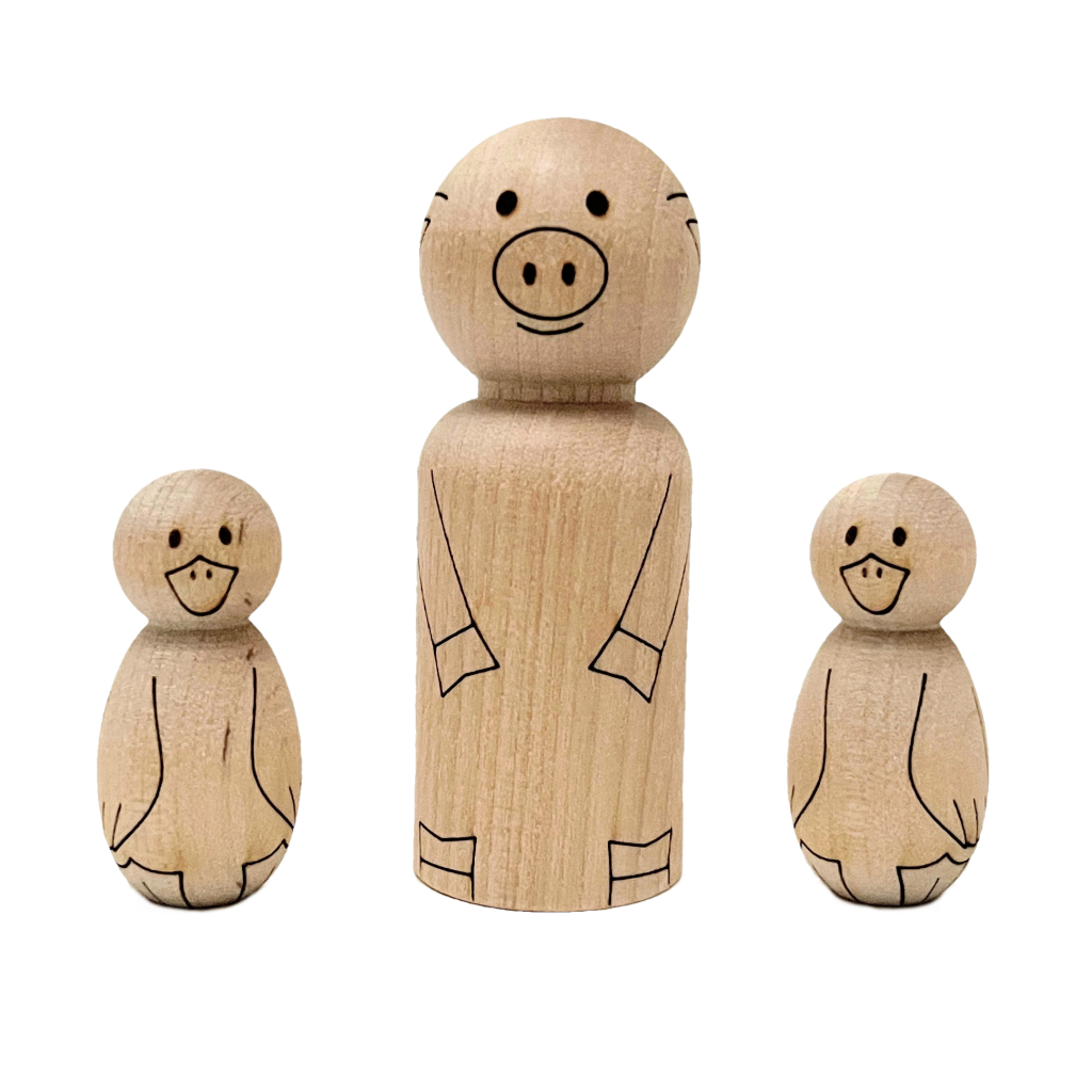 Wooden peg doll animals that are laser engraved to look like a pig and ducks. The ducks are miniature peg dolls.