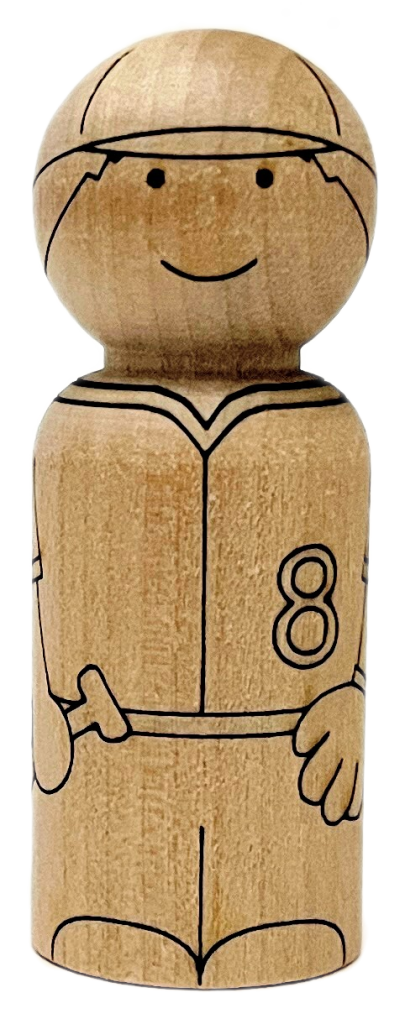 Wooden peg doll baseball player laser engraved with custom number and name on jersey.