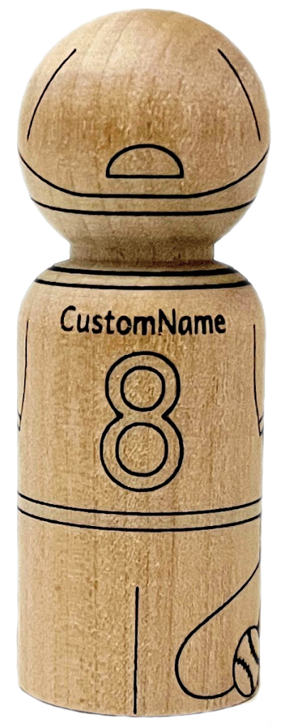 Wooden peg doll laser engraved to look like a baseball player. Has custom name and number on the jersey.