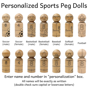 Laser engraved wooden peg dolls that are personalized with name and number on the jersey of a soccer, basketball, baseball, softball, and football player.