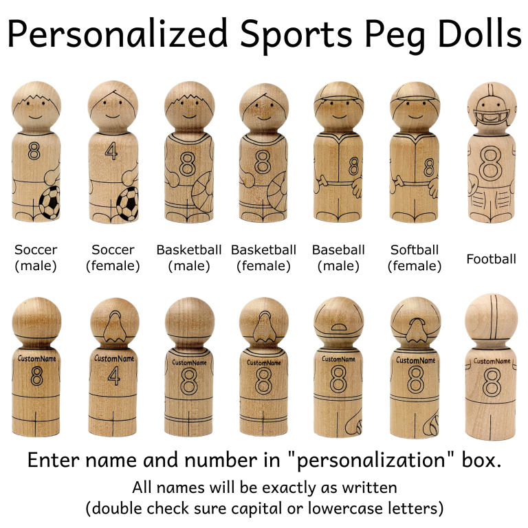 Laser engraved wooden peg dolls that are personalized with name and number on the jersey of a soccer, basketball, baseball, softball, and football player.