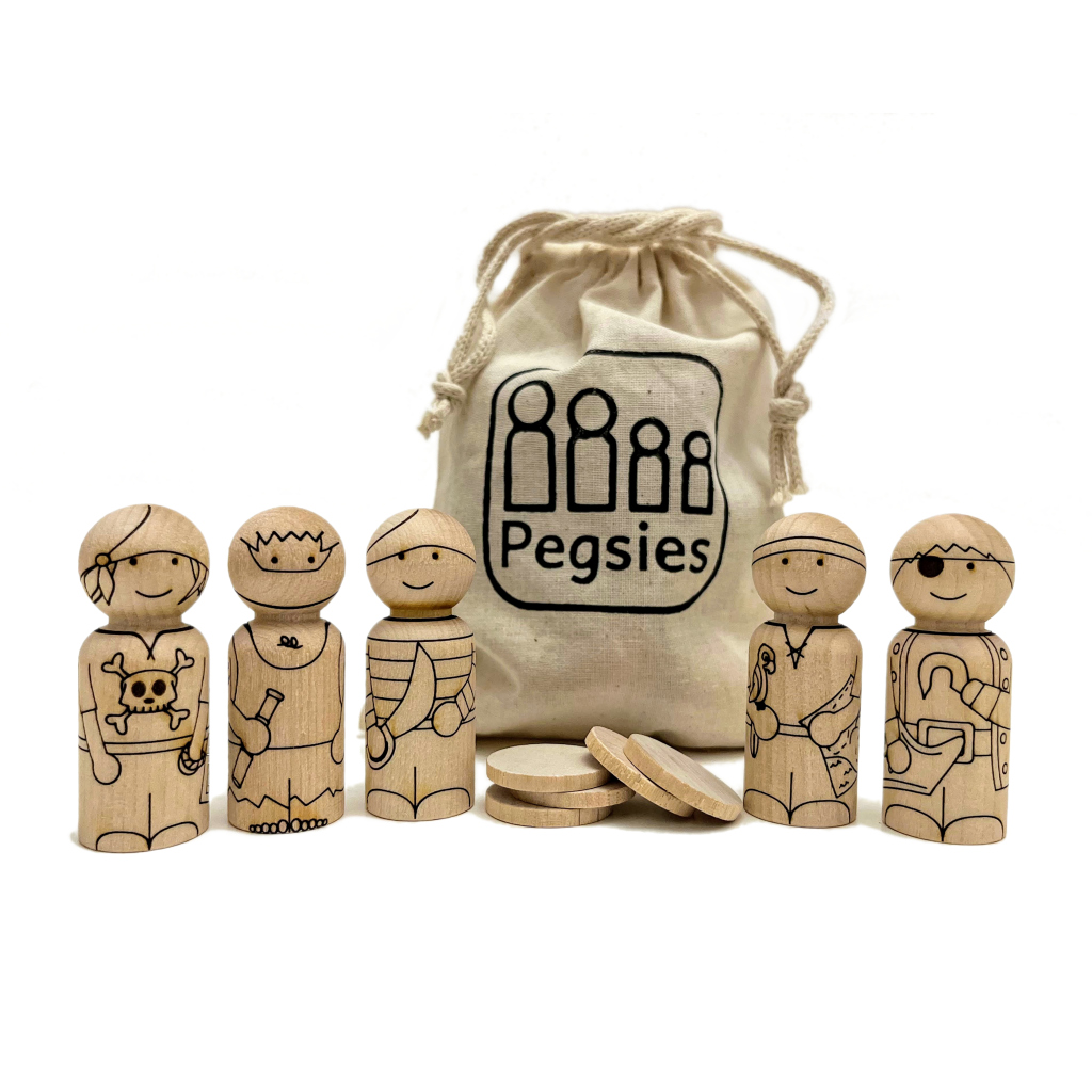 Five peg dolls made from birch wood laser etched with pirate characters: Girl, Toes, Stripes, Parrot, and Hook. Includes muslin cotton pouch and five birch tokens to test coloring tools.