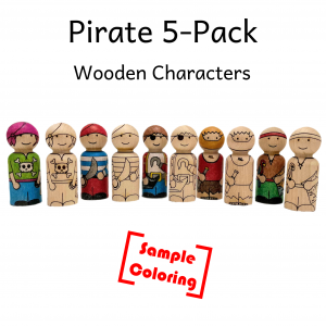 Sample coloring with color pencil of five peg dolls made from birch wood laser etched with pirate characters including a girl with a skull and crossbones shirt, others with sword, hook, hat, eye patch, telescope, parrot, and treasure map.