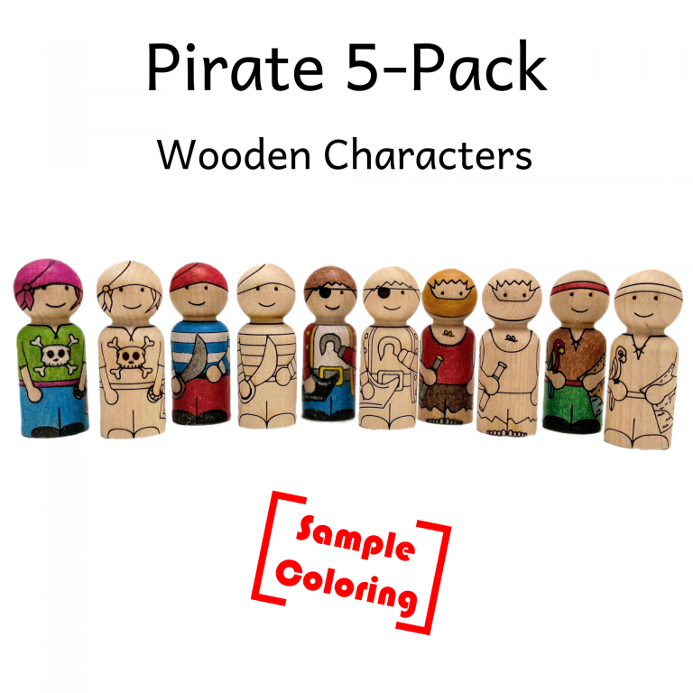 Sample coloring with color pencil of five peg dolls made from birch wood laser etched with pirate characters including a girl with a skull and crossbones shirt, others with sword, hook, hat, eye patch, telescope, parrot, and treasure map.