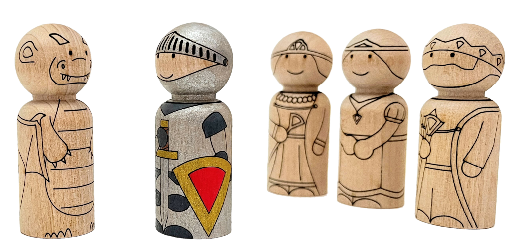 Royal peg dolls that are laser engraved to look like a dragon, knight, queen, princess, and king. The knight is painted.