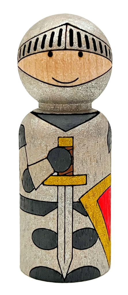 Laser engraved peg doll that looks like a knight with armor, sword, and shield. The knight is painted.