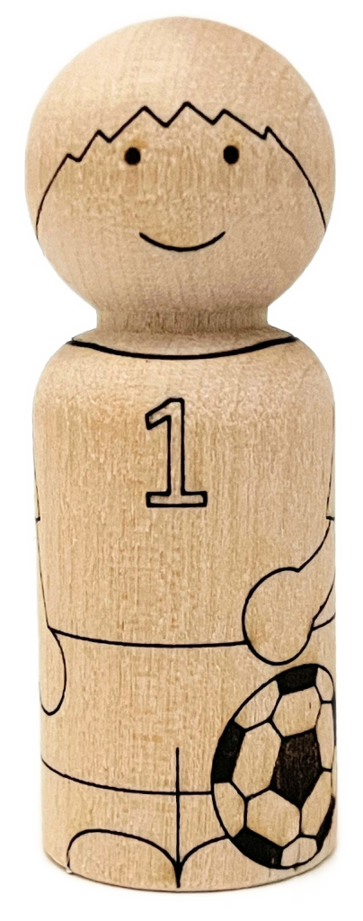 wooden peg doll laser engraved to look like a boy soccer player with #1 uniform and soccer ball.