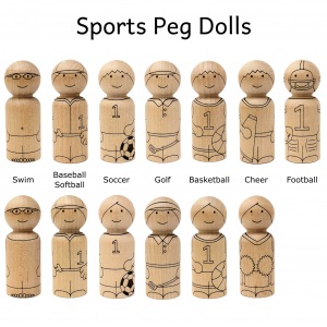 Laser etched peg dolls decorated to look like athletes that play baseball, softball, swim, soccer, golf, basketball, cheer, and football.