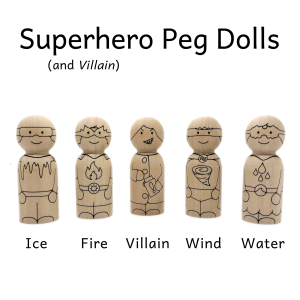 Five wooden peg dolls resembling four superhero characters and one villain. The superheroes represent the natural elements ice, fire, wind, and water.