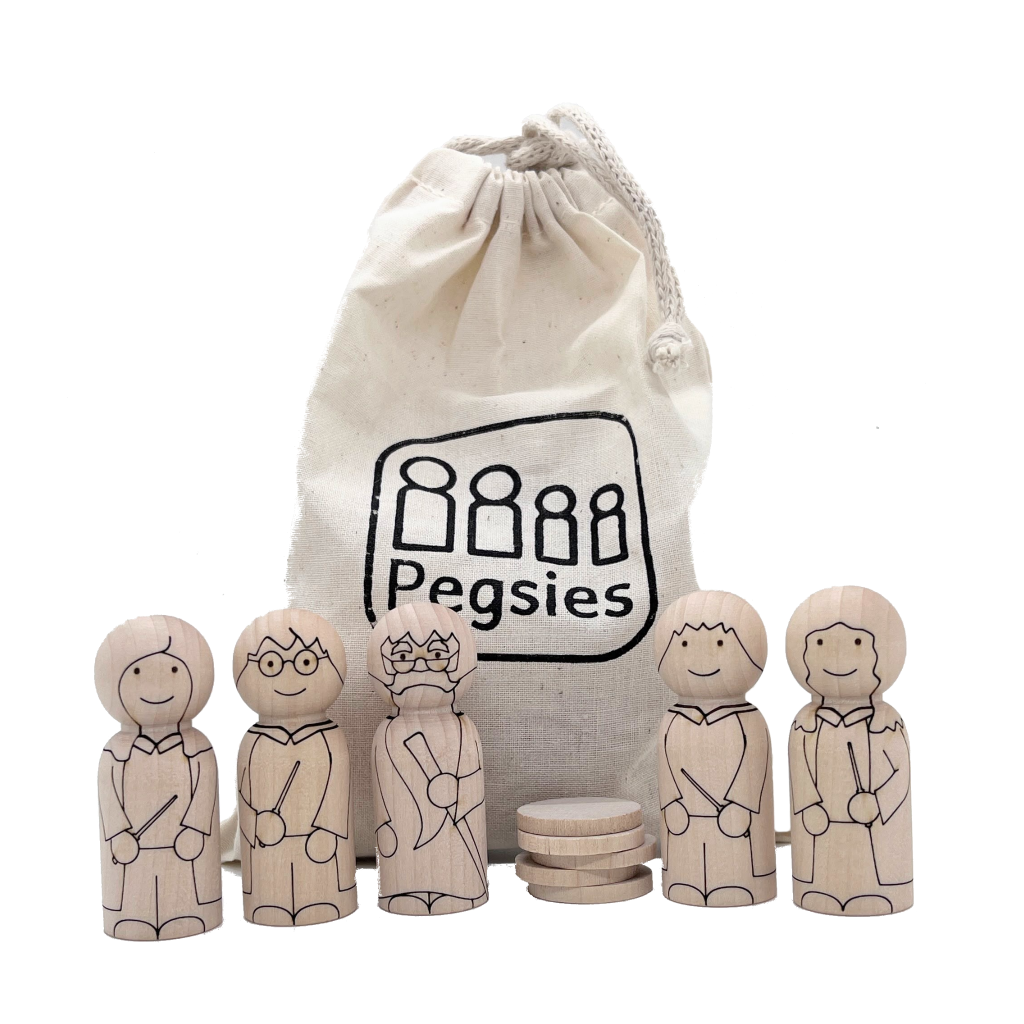 five wizard and witch wooden peg doll characters and a Pegsies product bag