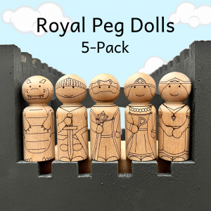 Wooden peg dolls laser engraved to look like a dragon, knight, king, queen, and princess.