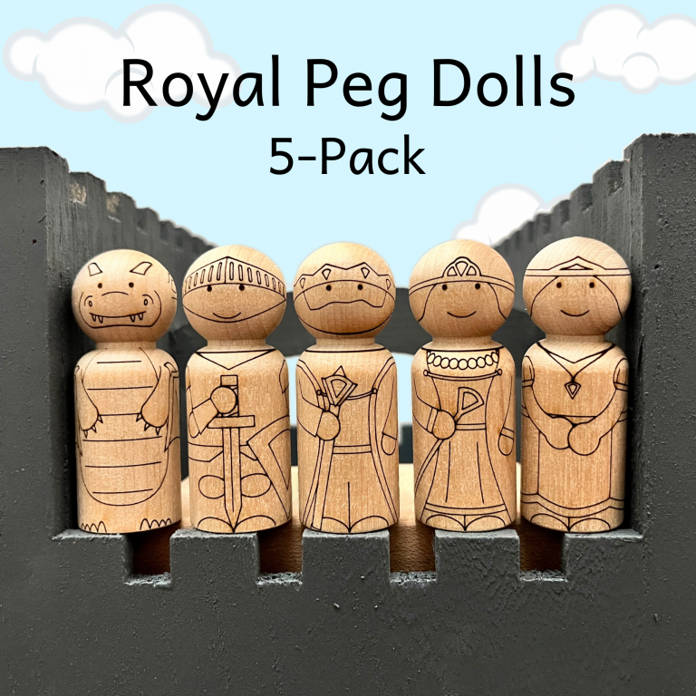 Wooden peg dolls laser engraved to look like a dragon, knight, king, queen, and princess.