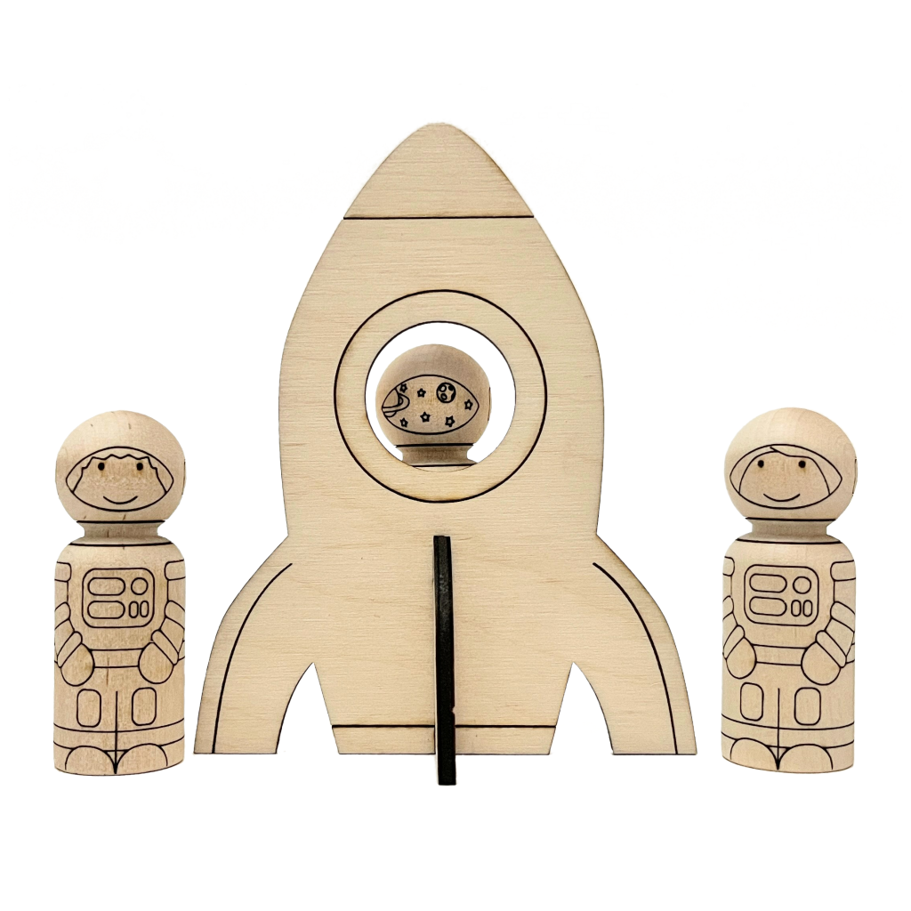 Baltic birch peg dolls that are laser etched to look like astronauts. Baltic birch spaceship with platform to let peg doll astronaut see through window.