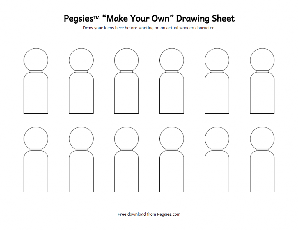 Twelve blank peg doll outlines to use for drawing design ideas.