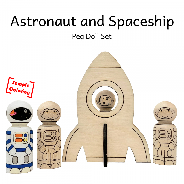 Baltic birch peg dolls that are laser etched to look like astronauts. Baltic birch spaceship with platform to let peg doll astronaut see through window.