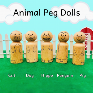 Animal peg dolls that are unfinished and laser engraved to look like a cat, dog, hippo, penguin, and pig.