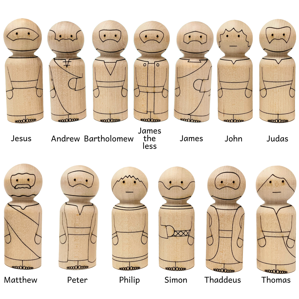 Unfinished baltic birch peg dolls from Last Supper set. Includes Jesus and apostles: Andrew, Bartholomew, James the less, James, John, Judas, Matthew, Peter, Philip, Simon, Thaddeus, Thomas.