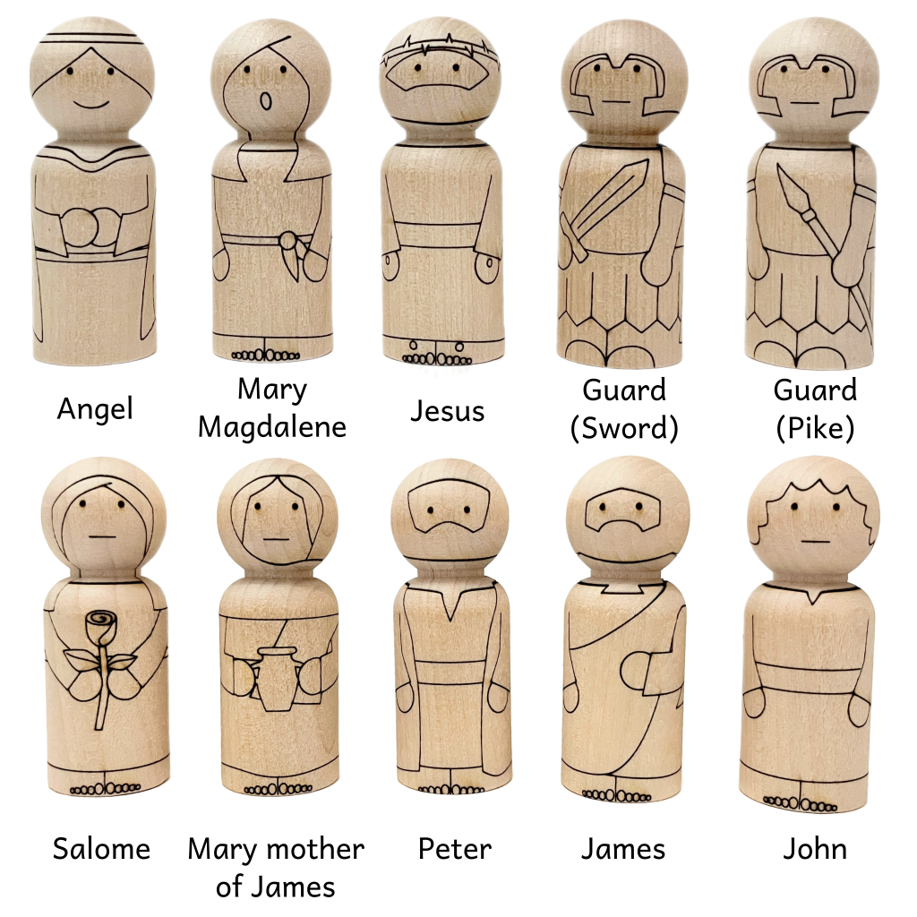 Unfinished baltic birch peg dolls that go to the Easter peg doll set. Characters include, Angel, Mary Magdalene, Jesus, Guard with sword, Guard with pike, Salome, Mary mother of James, Peter, James, and John.