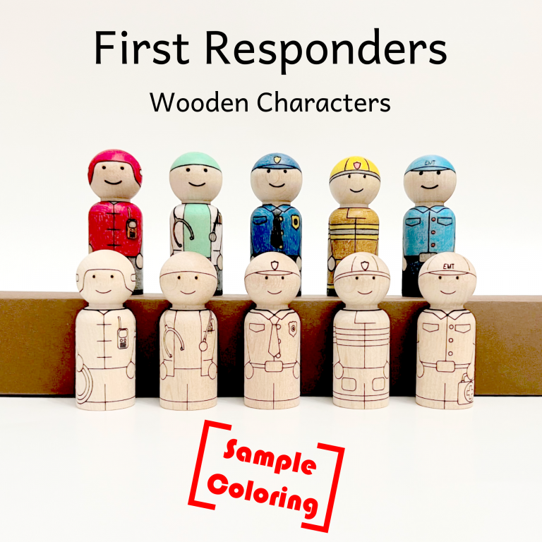 First Responder Peg Doll Set that includes a rescuer, doctor, police officer, fire fighter, and emergency medical technician. Sample coloring done with color pencils on baltic birch peg doll.